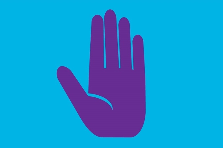 An illustration of a purple hand on a blue background