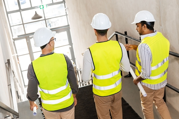 Three people in high visibility jackets and hard hats walking through a newly built site.