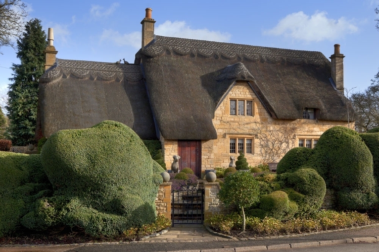 House and Road Naming A thatched cottage with hedges at the front.