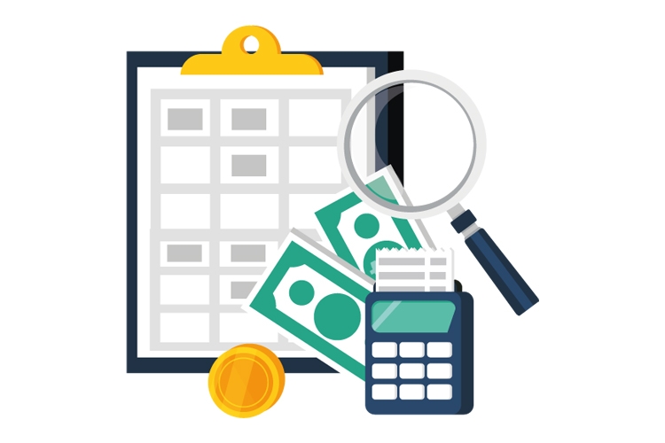 Cost of living - financial support - a graphic of a clipboard along with some money, a calculator and magnifying glass.