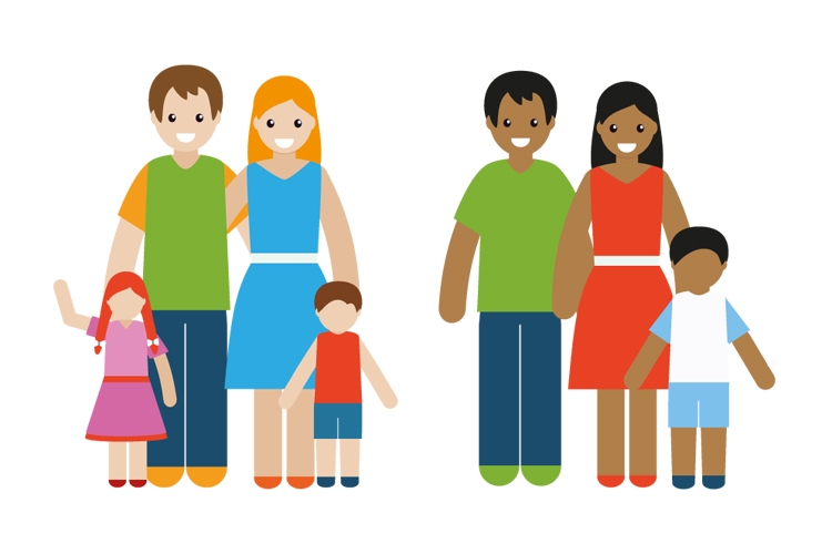 A graphic showing two families with two adults and two children.