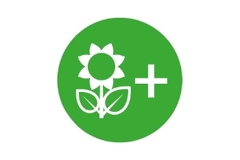 A green circle with a white illustration of a flower to the left of a plus symbol.