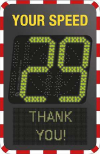 Hybrid Speed Indication Device (SID): A sign with a red and white border and the words 'Your speed' above an LED screen showing 29 and the words 'thank you'.