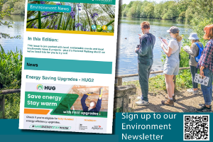 A photo of a group of young people looking out over a lake and a screenshot of the environment newsletter.