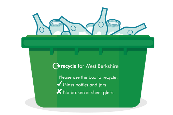 A graphic of a green glass recycling bin with glass bottles in it.