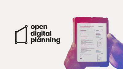 An image of the Open Digital Planning logo beside someone holding a tablet