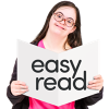 Girl holding book with the words easy read on the cover.