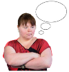 A person with her arms crossed, with a thought bubble.