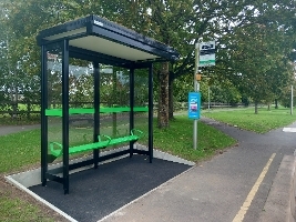 Picture of newly installed bus shelter at stop called Garden Centre roundabout in Thatcham. 