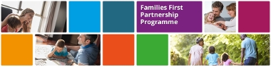 A banner with coloured squares and rectangles and four photos of different families.